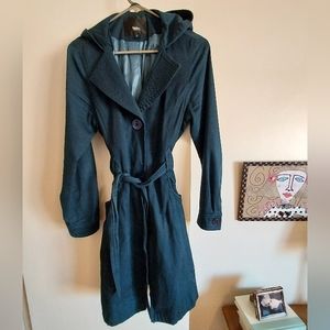 Womens Medium Navy belted trench with hood